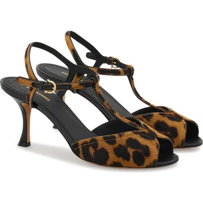 Ferragamo Ely Leopard T-strap Sandals In Black