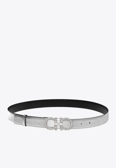 Ferragamo Embellished Gancini Laminated Leather Belt In White