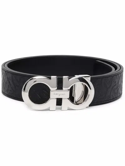 Ferragamo Reversible Leather Belt With Gancini Logo In Black