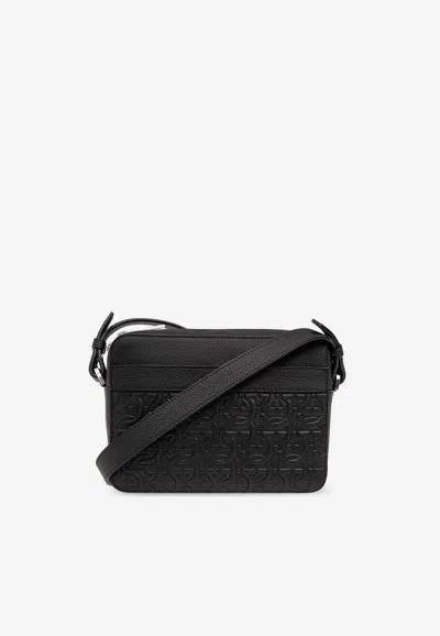 Ferragamo Embossed Gancini Leather Messenger Bag In Black