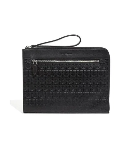 Ferragamo Embossed Gancini Pouch In Black