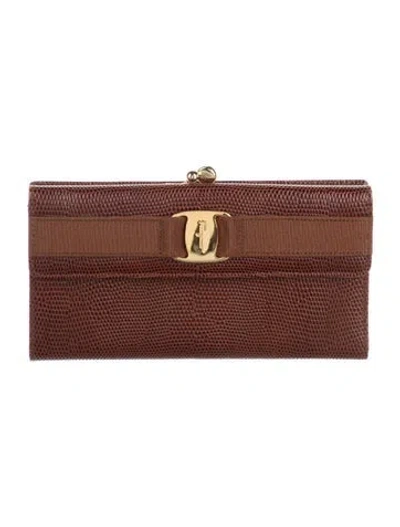 Pre-owned Ferragamo Embossed Leather Animal Print Continental Wallet In Brown