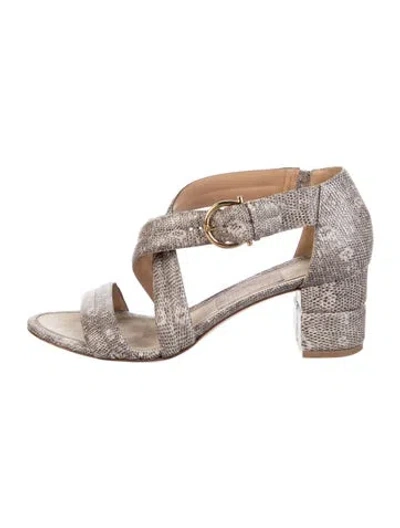 Pre-owned Ferragamo Embossed Leather Animal Print Gladiator Sandals In Gray
