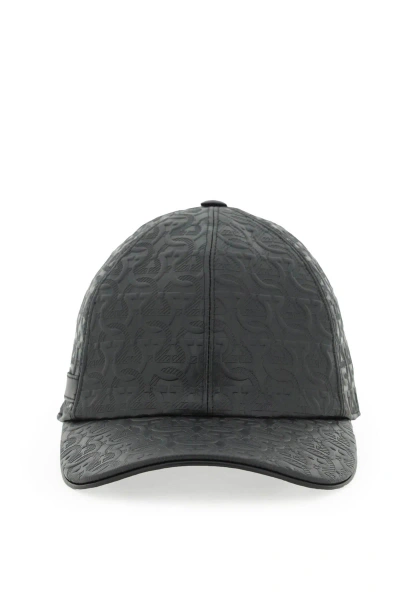 Ferragamo Embossed Leather Baseball Cap In Black