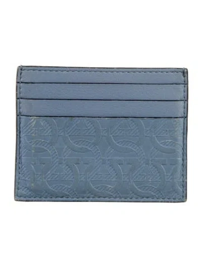 Pre-owned Ferragamo Embossed Leather Card Holder In Blue