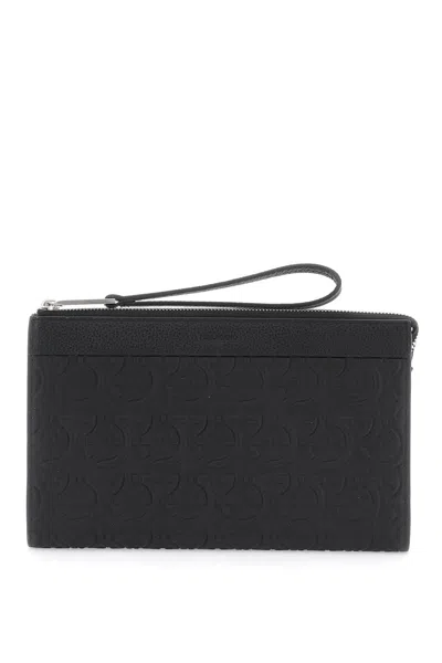Ferragamo Embossed Leather Gancini Hook P Pattern Pouch Handbag For Men In Black