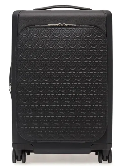 Ferragamo Embossed Leather Logo Trolley With Multi-zip Compartments In Black