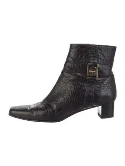 Pre-owned Ferragamo Embossed Leather Moto Boots In Black