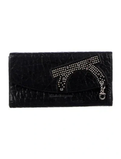 Pre-owned Ferragamo Embossed Leather Printed Continental Wallet In Black