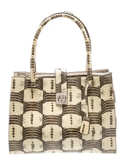 Pre-owned Ferragamo Embossed Leather Top Handle Bag In Neutral