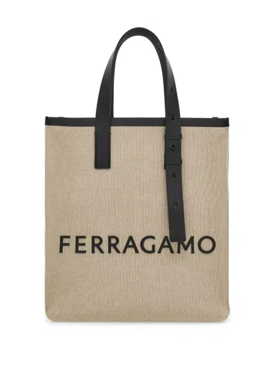 Ferragamo Canvas Tote Bag With Logo In Beige