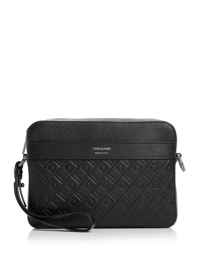Ferragamo Embossed Monogram Leather Shoulder Bag In Black
