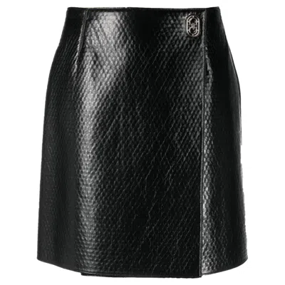 Ferragamo Embossed Wrap Leather Skirt In Black