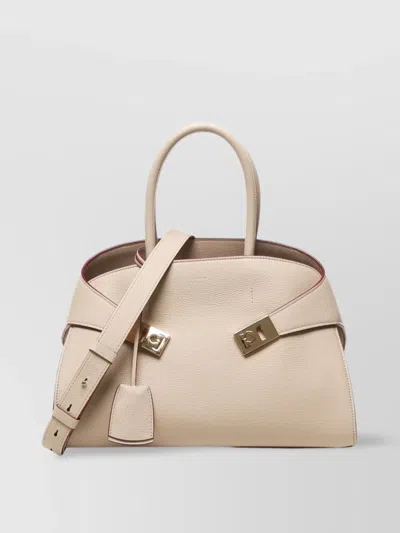 Ferragamo Embrace Beige Calfskin Shoulder Bag With Metal Hardware In Sand