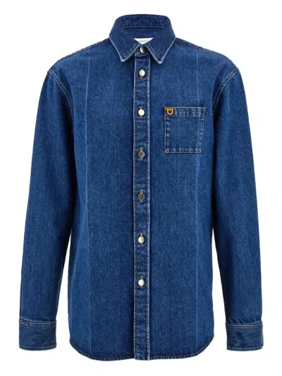 Ferragamo Embroidered Denim Shirt In Blue