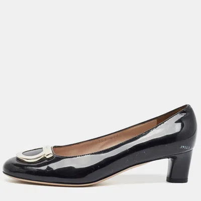 Pre-owned Ferragamo Ena Size 37 Black Patent Leather Block Heel Pumps
