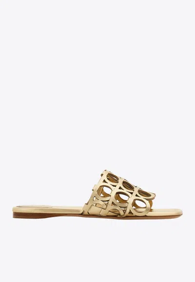 Ferragamo Erne Gancini Leather Slides In Gold