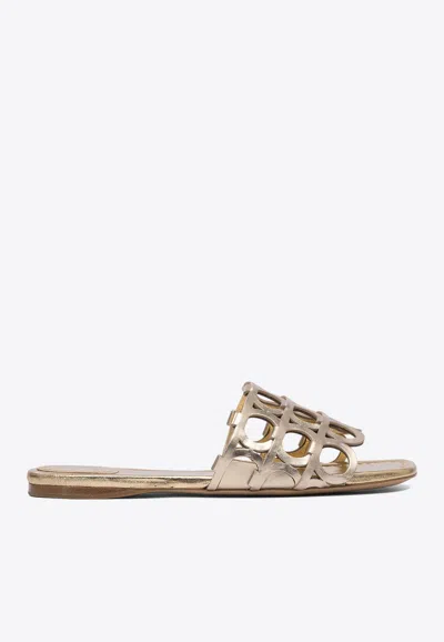 Ferragamo Erne Logo Monogram Metallic Leather Sandals In Gold
