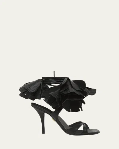 FERRAGAMO ESTRELLA LEATHER FLOWER ANKLE-TIE SANDALS