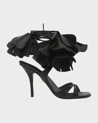 FERRAGAMO ESTRELLA LEATHER FLOWER ANKLE-TIE SANDALS