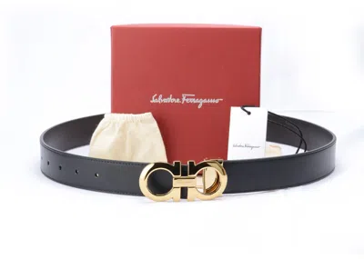 Pre-owned Ferragamo Salvatore  Gancini Reversible Belt 35mm Black/hickory Gold In Multicolor