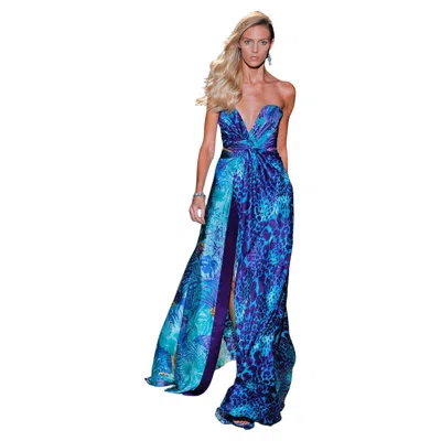 Pre-owned Ferragamo Exotic Salvatore  Strapless Silk Leopard Print Dress Gown In Blue