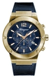 Ferragamo Chrono Leather Watch In Blue/gold