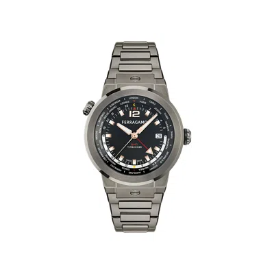 Pre-owned Ferragamo F-80 Gmt Worldtime Bracelet Watch 'gun' | Black | Men's Size Onesize