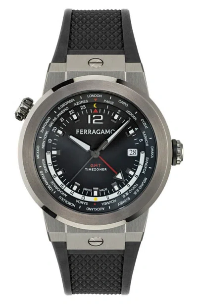 Ferragamo F-80 Gmt Worldtime Silicone Watch, 43mm In Ip Gunmetal
