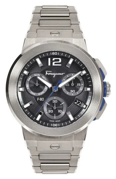 Ferragamo F-80 Titanium Tech Chronograph Bracelet Watch, 44mm In Titanium/black