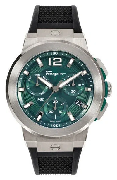 Ferragamo F-80 Titanium Tech Chronograph Silicone Strap Watch, 44mm In Titanium Black/green