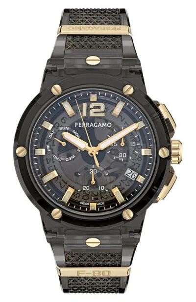 FERRAGAMO FERRAGAMO F-80 TRANSLUCENT CHRONOGRAPH RECYCLED POLYURTHANE STRAP WATCH, 44MM
