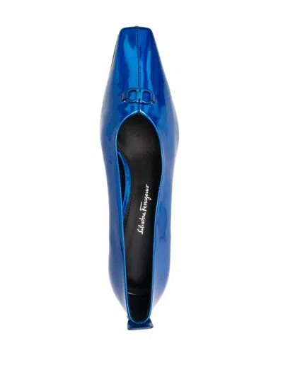 Ferragamo F Heel Leather Pumps In Blue