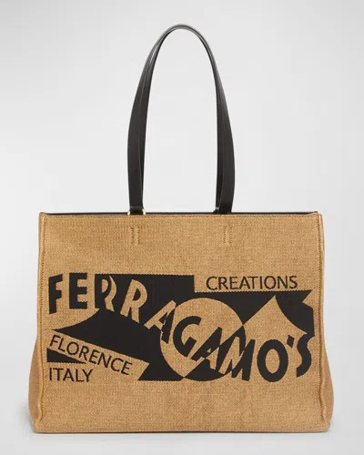 Ferragamo F Signature Raffia Tote Bag In Tan Black