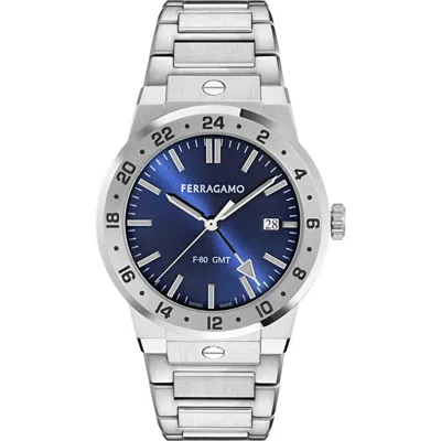 Ferragamo F-80 Classic Gmt Bracelet Watch, 41mm In Stainless Steel Blue