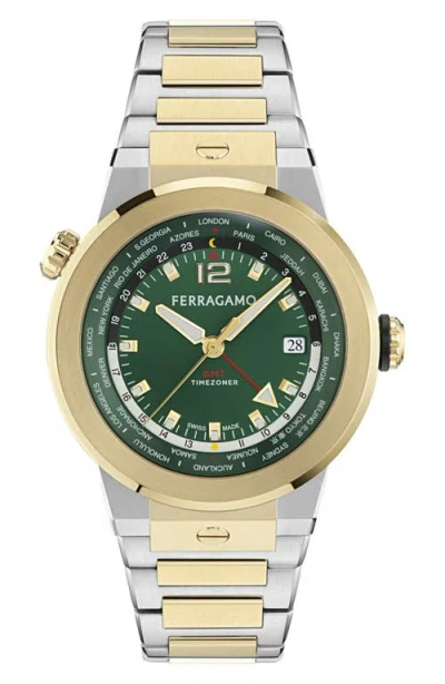 Ferragamo F-80 Gmt Worldtime Bracelet Watch In Two Tone