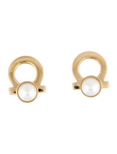 Pre-owned Ferragamo Faux Pearl Gancini Clip-on Earrings In White