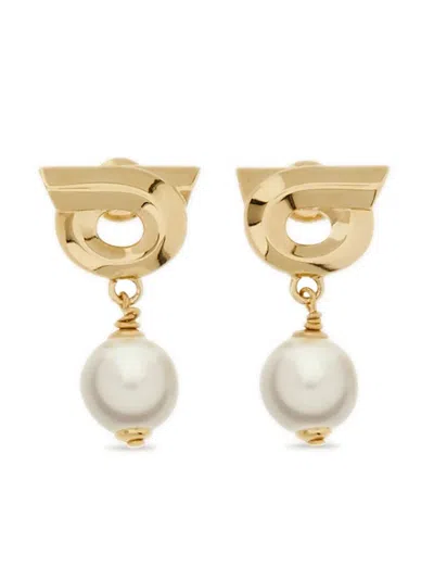 Ferragamo Gancini Pearl Drop Earrings In Gold