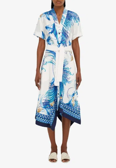 Ferragamo Feather Show Print Asymmetric Midi Dress In Multi