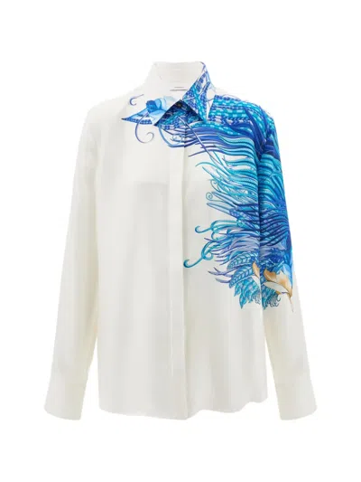 Ferragamo Silk Shirt With Feather Print In White