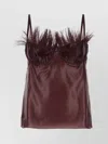 Ferragamo Feather Trim Satin Finish Spaghetti Straps Top In Burgundy