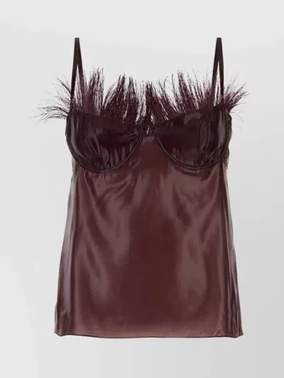 Ferragamo Feather Trim Satin Finish Spaghetti Straps Top In Burgundy