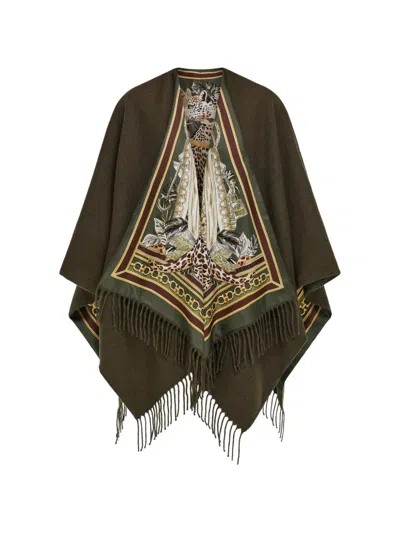 Ferragamo Feline Print Cashmere And Silk Reversible Cape In Brown
