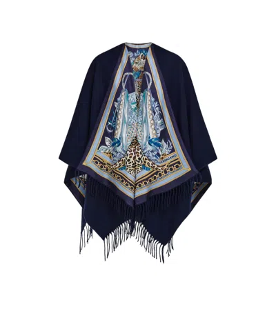 Ferragamo Feline Print Cashmere And Silk Reversible Cape In Blue