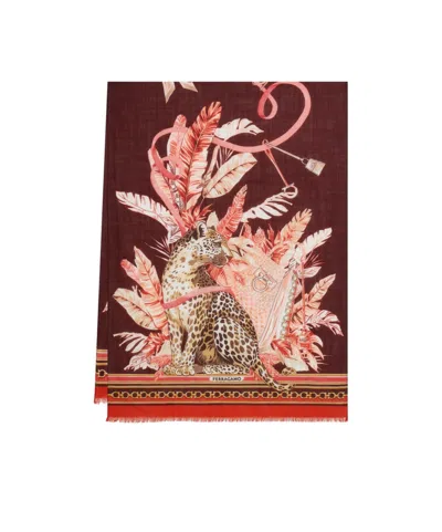 Ferragamo Feline Print Pure Wool Stole In Burgundy