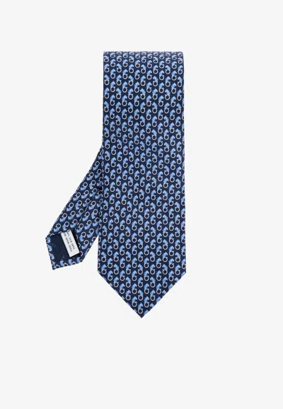 Ferragamo All-over Feline Print Silk Tie In Blue