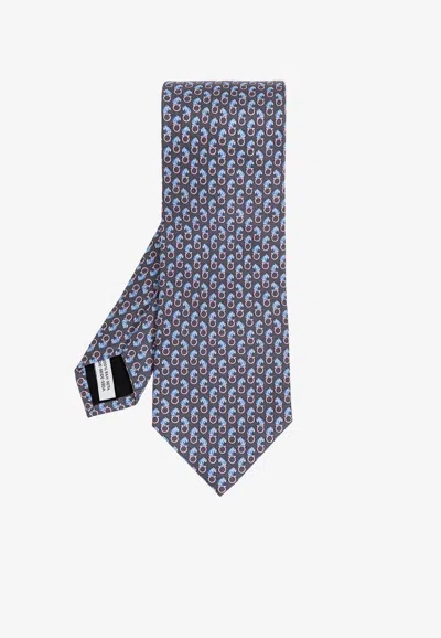 Ferragamo Feline Print Silk Tie In Blue