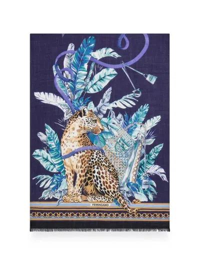 Ferragamo Feline Print Pure Wool Stole In Blue
