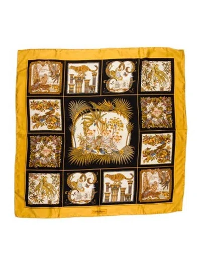 Pre-owned Ferragamo Felines Print Silk Scarf In Gold