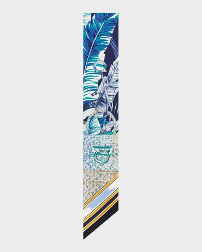 Ferragamo Felini Print Silk Mini Bandeau Scarf In Blue
